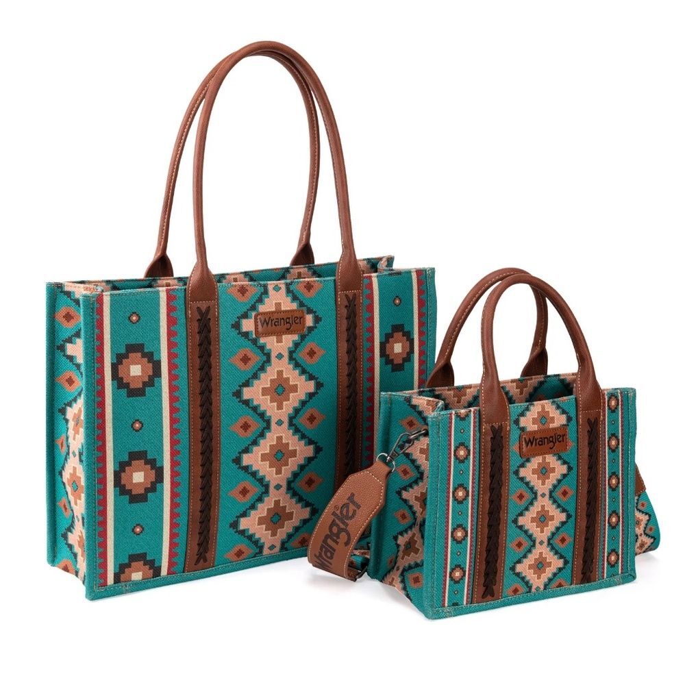 Wrangler Turquoise Patterned Southwestern Tote Bag with Brown Accents